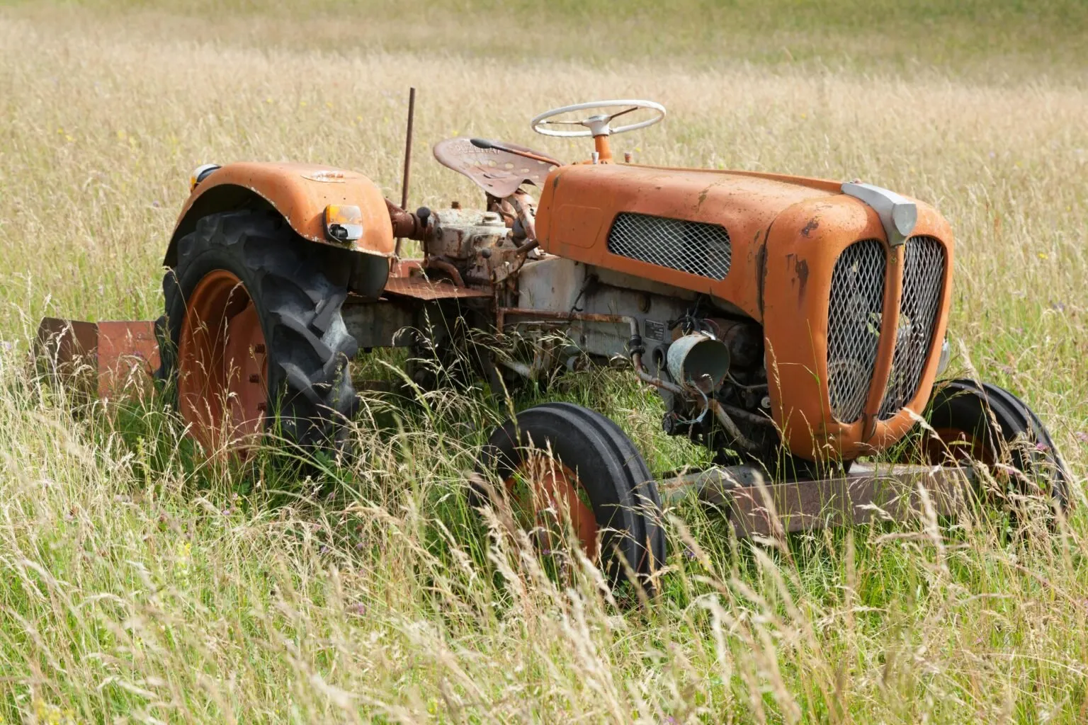 Rusty tractor left in a grassy field.